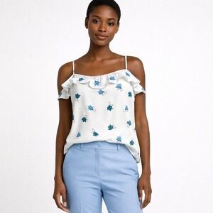 LOFT White Blue Floral Print Ruffle Spaghetti Strap Cami Top S Resortwear 48-015